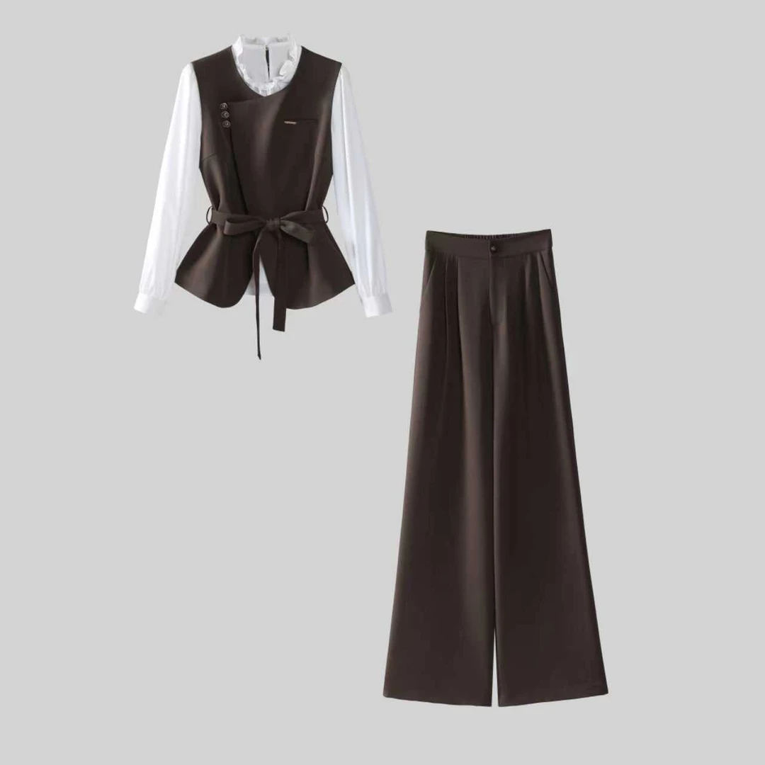 【纪朵研】8096#秋季新款显瘦气质休闲套装外套衬衫阔腿裤三件套女