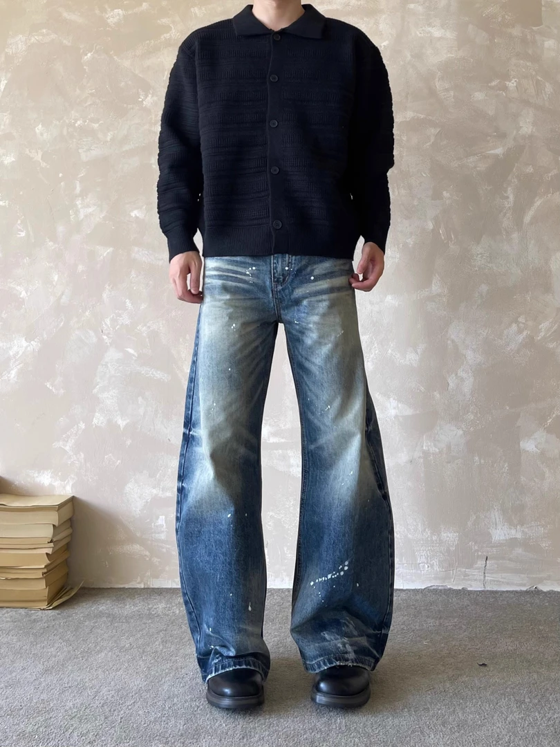 美式复古做旧泼墨牛仔裤秋冬男女宽松休闲百搭情侣装阔腿长裤子潮