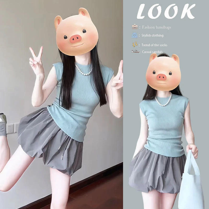 减龄穿搭一整套2025新款韩版修身显瘦无袖上衣百搭花苞短裙两件套