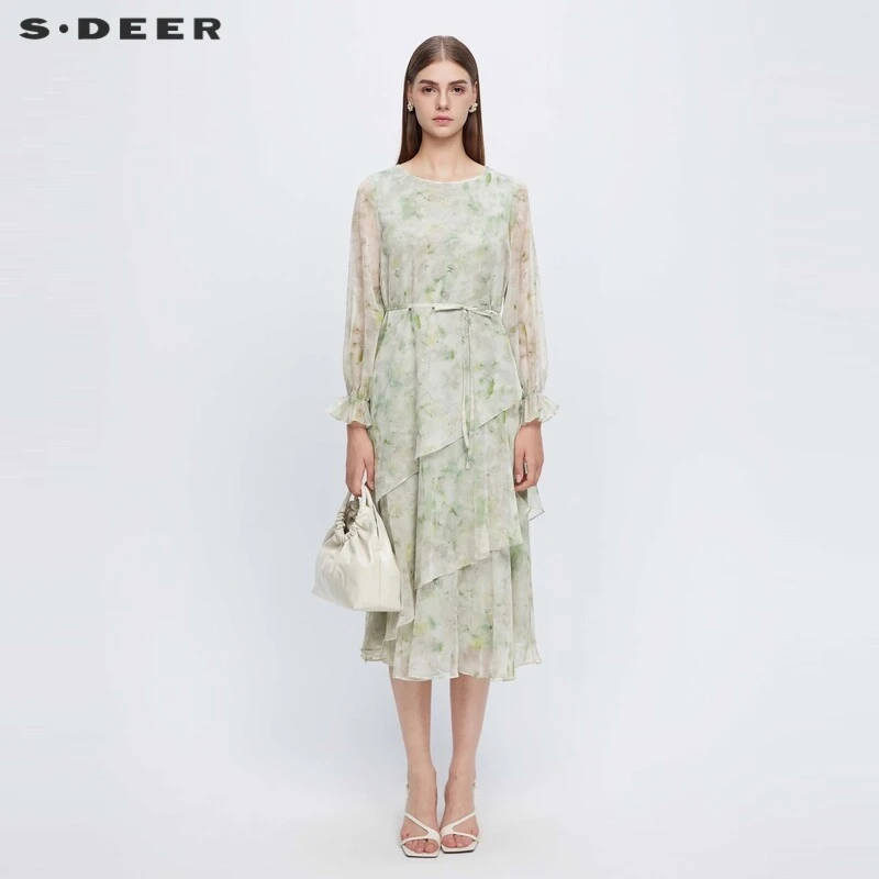 圣迪奥田园风圆领收腰印花不规则碎花气质连衣裙S243Z1271