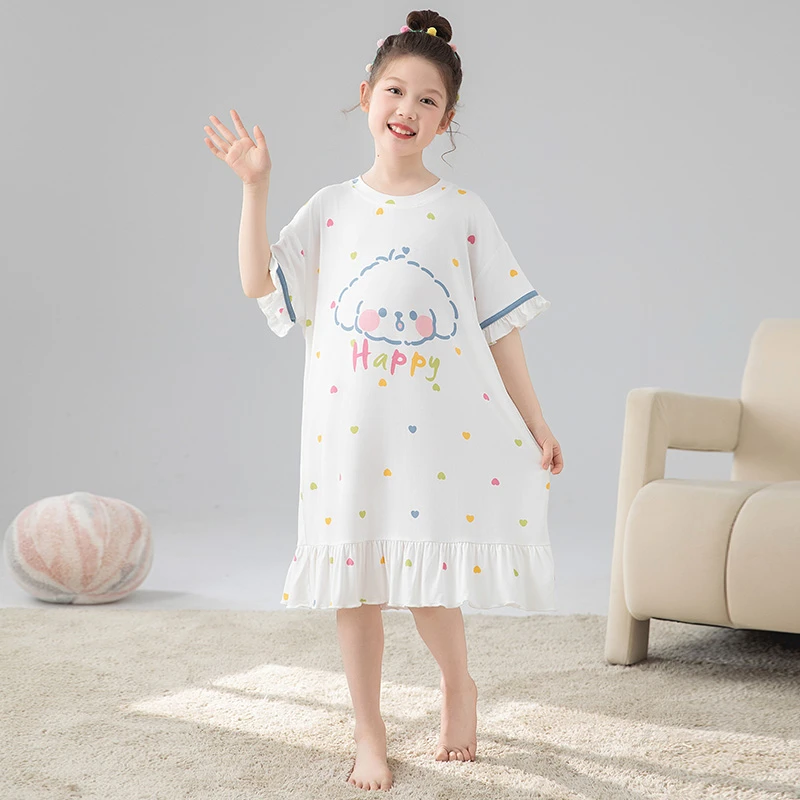 【莫代尔】夏季儿童莫代尔睡裙薄款女孩短袖女童卡通中大童家居服夏