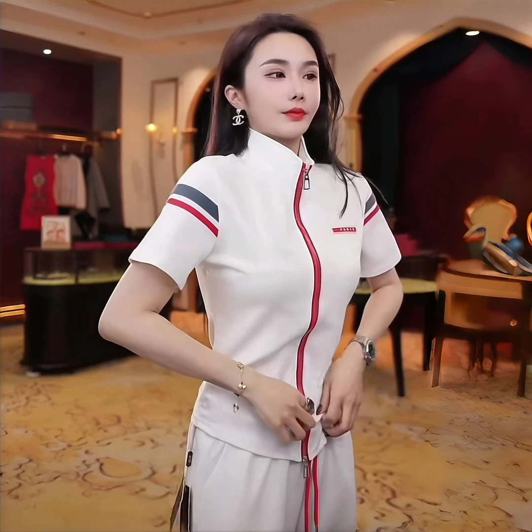 2025夏季新款时尚拉链撞色拼接短袖阔腿裤两件套女休闲显瘦套装女