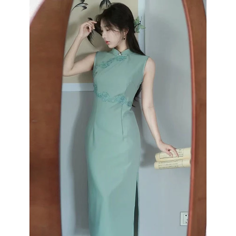 0627 豆绿色 无袖 花边 旗袍