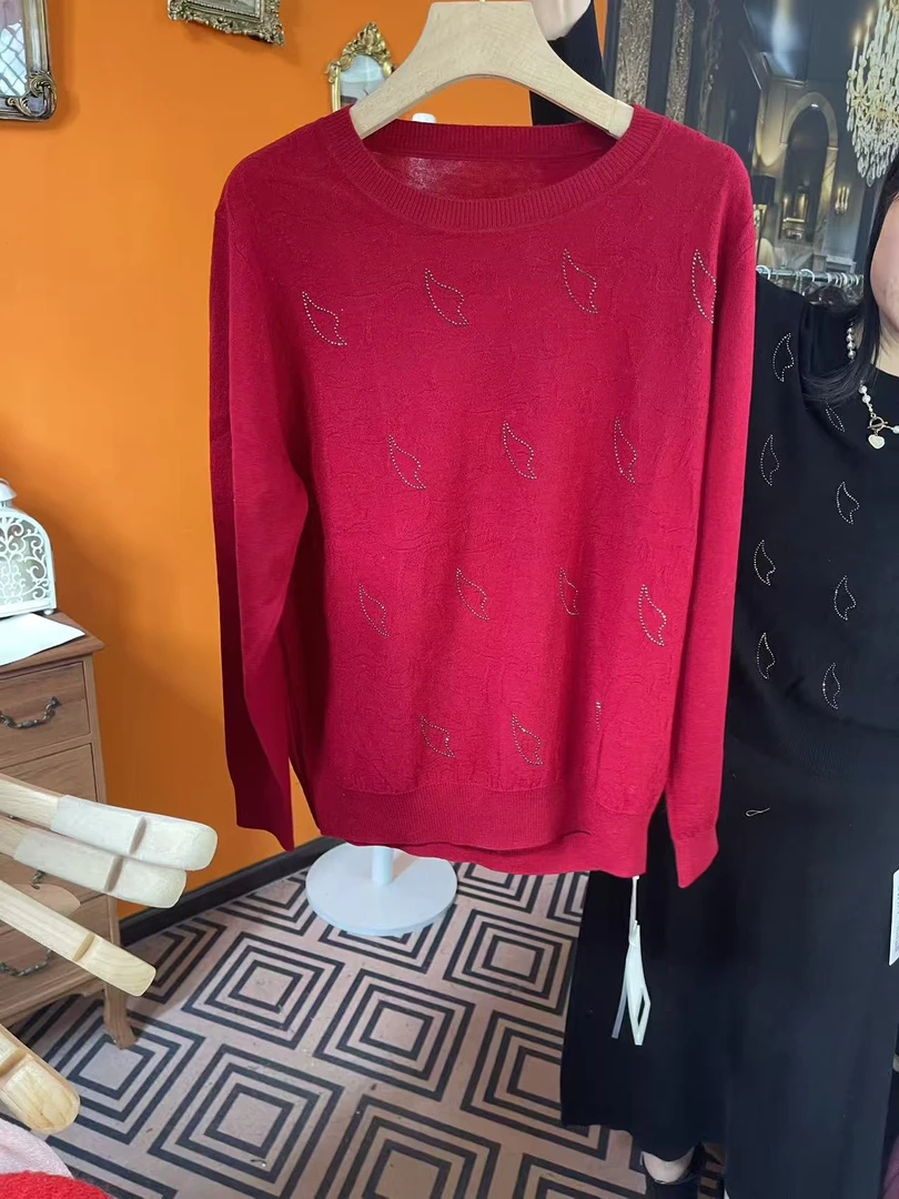 【树叶压钻  全毛 】2025秋冬气质百搭长袖条纹针织毛衣