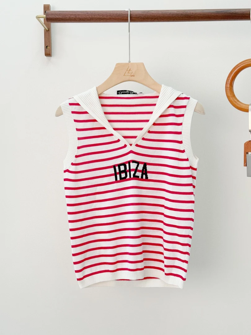 未使用 DIOR/迪奥 迪奥 女士红色条纹海军风针织无袖短袖