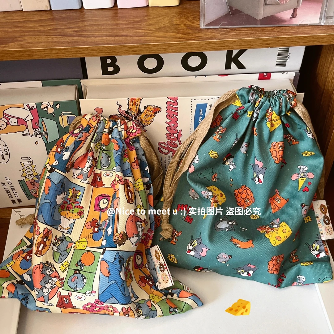 猫和老鼠束口袋卡通动物布艺可爱收纳袋束口袋杂物收纳旅行抽绳袋