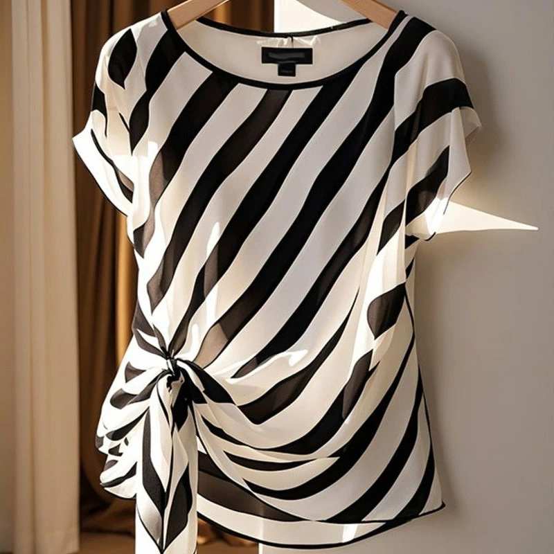 黑白条纹雪纺上衣女士短袖夏季新款洋气小衫设计感不规则法式衬衫