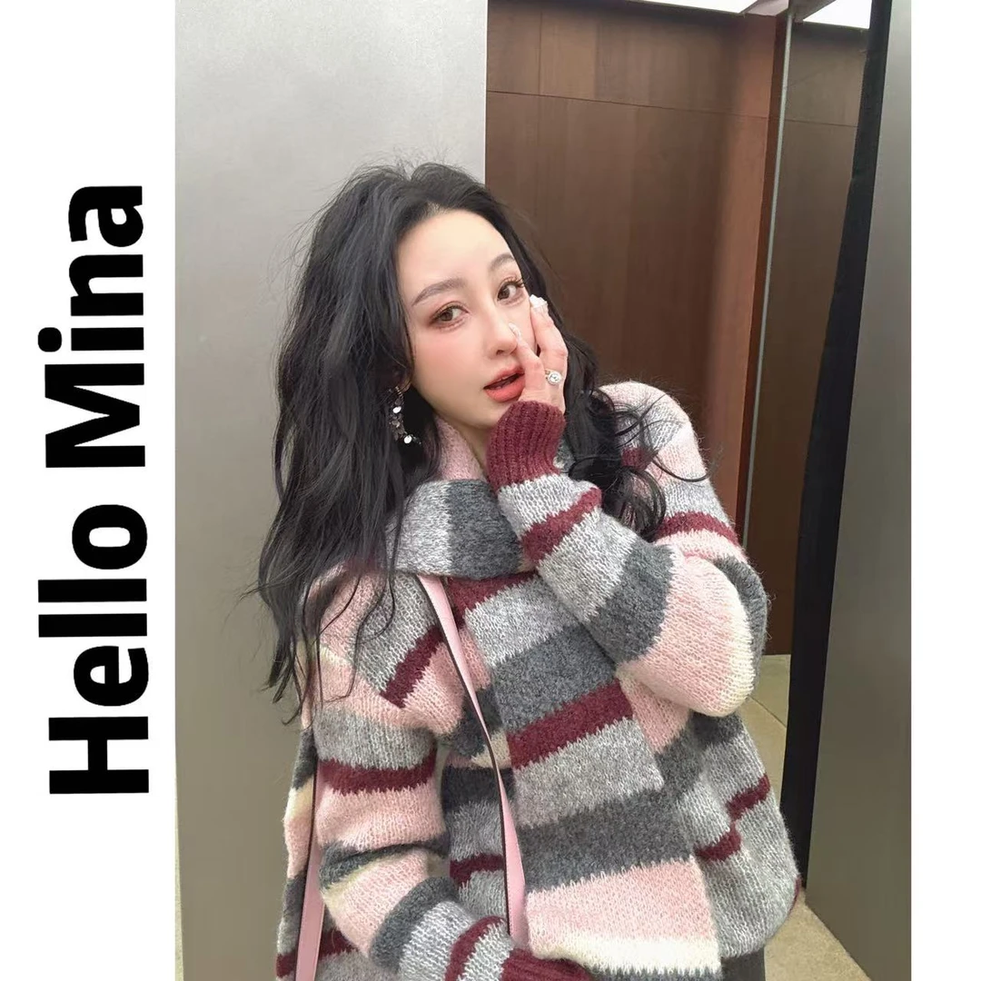 5002东大门条纹撞色慵懒风针织衫(含围巾)