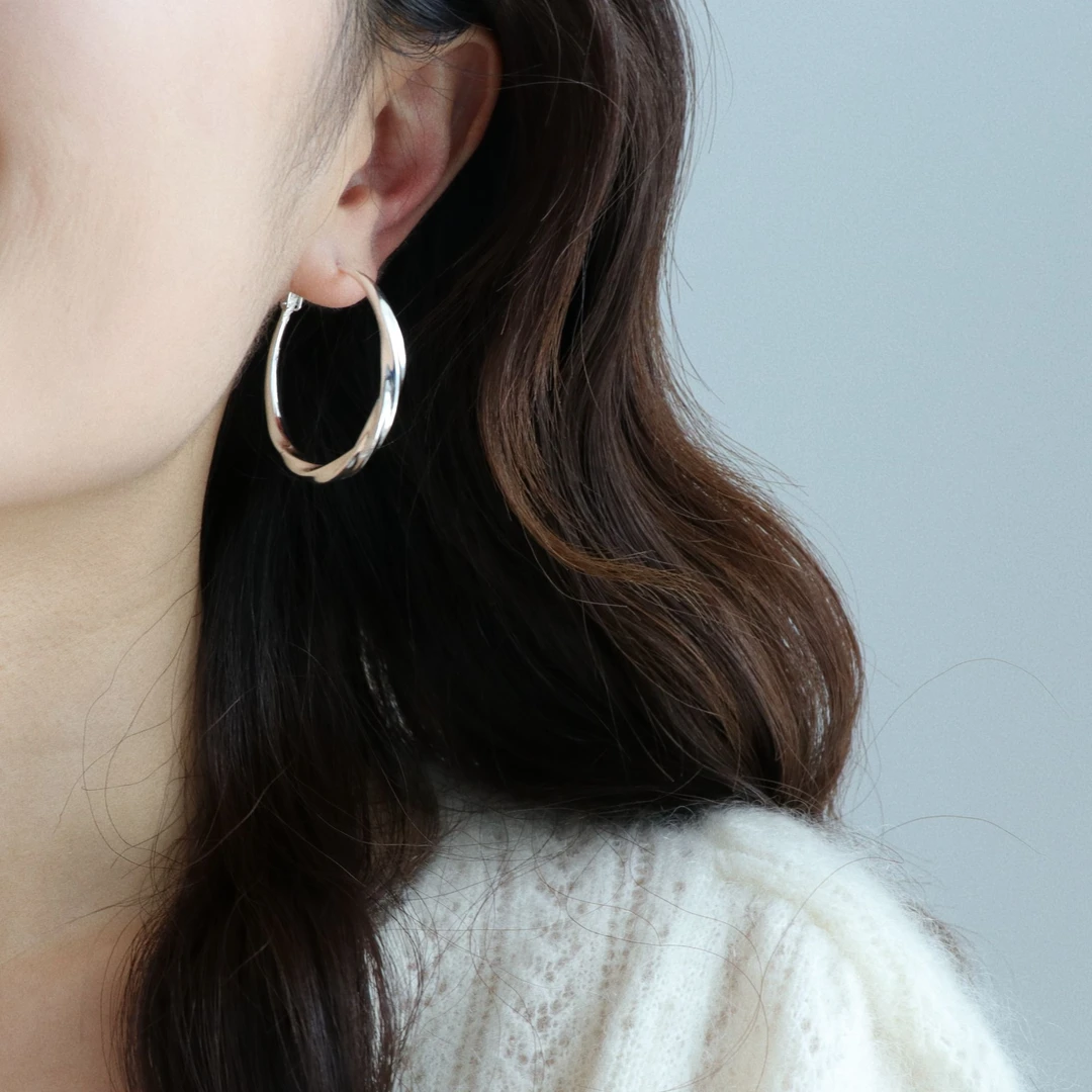 因缺斯汀饰品 铜合金耳饰 【螺旋大耳圈】金银两色素圈显脸小耳夹