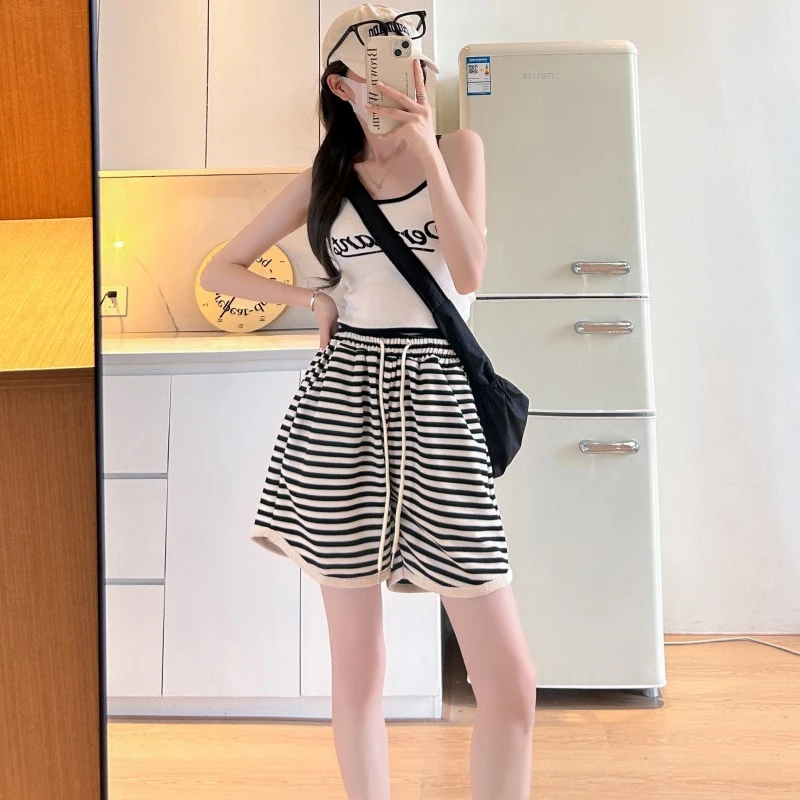 新款条纹运动短裤女夏季高腰显瘦宽松五分阔腿休闲裤外穿薄款短裤