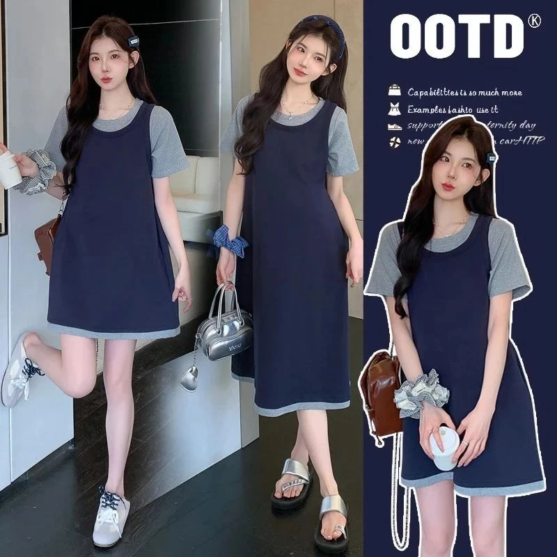 时髦孕妇装夏季新款时尚韩版休闲简约款拼接撞色假两件显瘦连衣裙