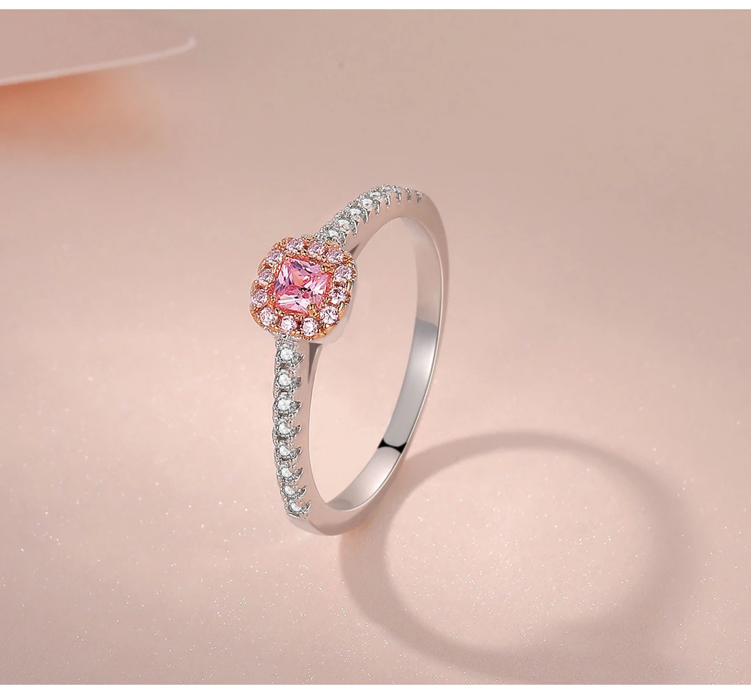 925银莫桑石戒指 粉色彩色钻镀金微镶正方钻公主女士礼物女款戒指