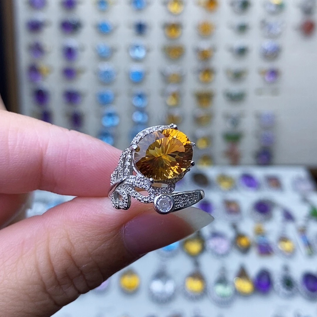 黄晶戒指银S925镶嵌一物一证