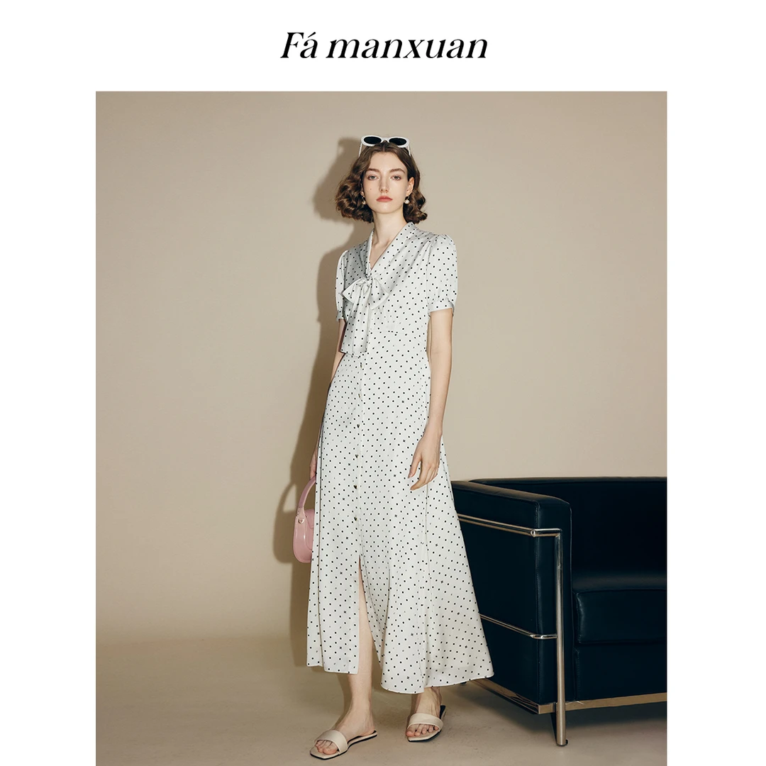 【Nanaco专属】法曼萱法式复古波点蝴蝶结收腰连衣裙女夏长裙