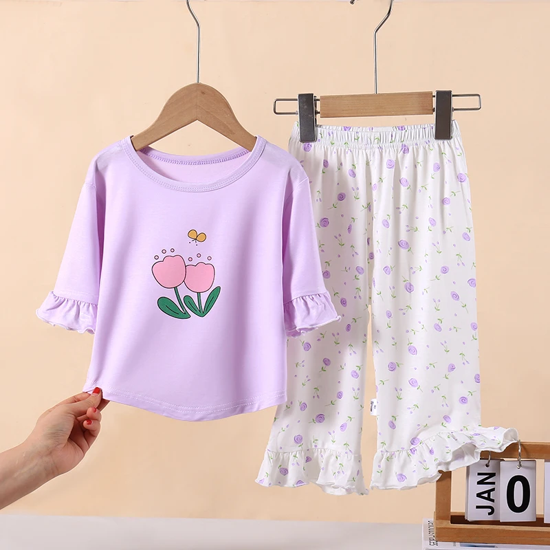 圆领优可丝睡衣两件套2025年休闲卡通印花家居服夏季新品女童