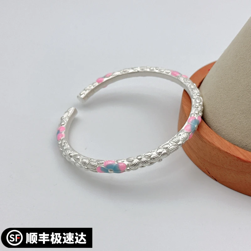 新中式珐琅彩桃花银9999手镯实心闭口百搭精致礼物精美复古