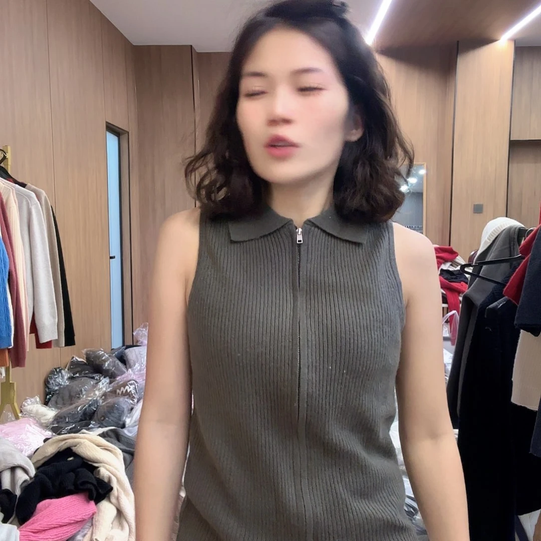 拉链无袖山羊绒亚麻灰