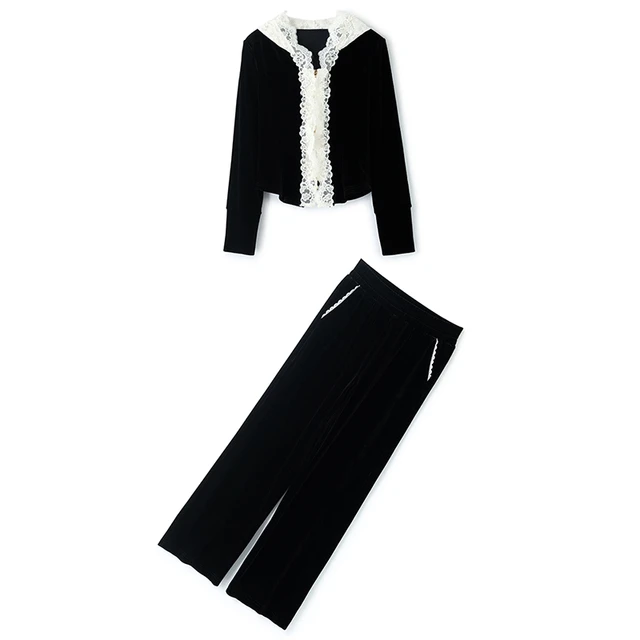 MIUCO丝绒黑白撞色拼接蕾丝连帽外套+高腰阔腿裤套装女秋【现货】
