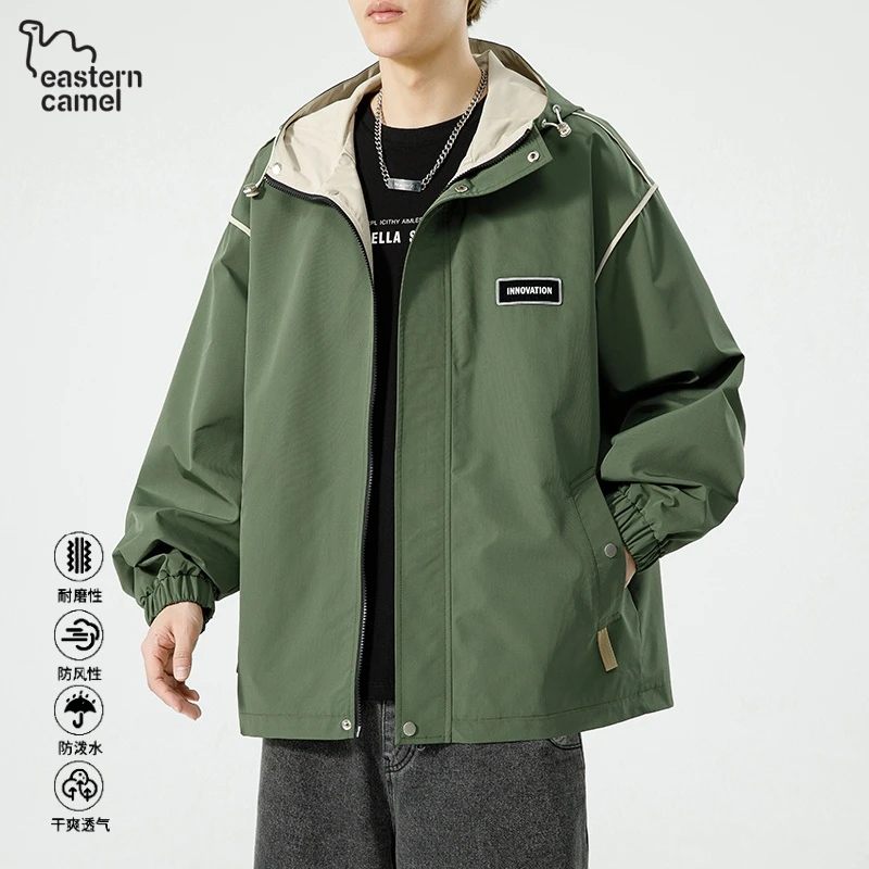 东方骆驼冲锋衣男款春秋季新款潮牌宽松连帽工装夹克休闲帅气外套