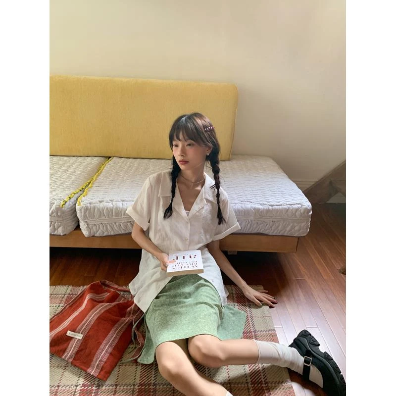 绿色雪纺碎花半身裙女夏季新款高腰a字裙子垂坠感短裙小个子