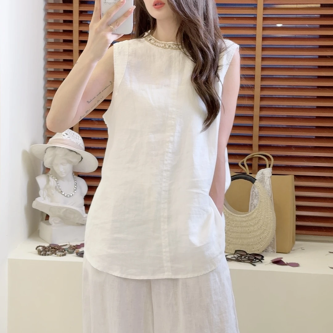 YILE·【气质老钱】25年极简100%亚麻手工订珠背心马甲