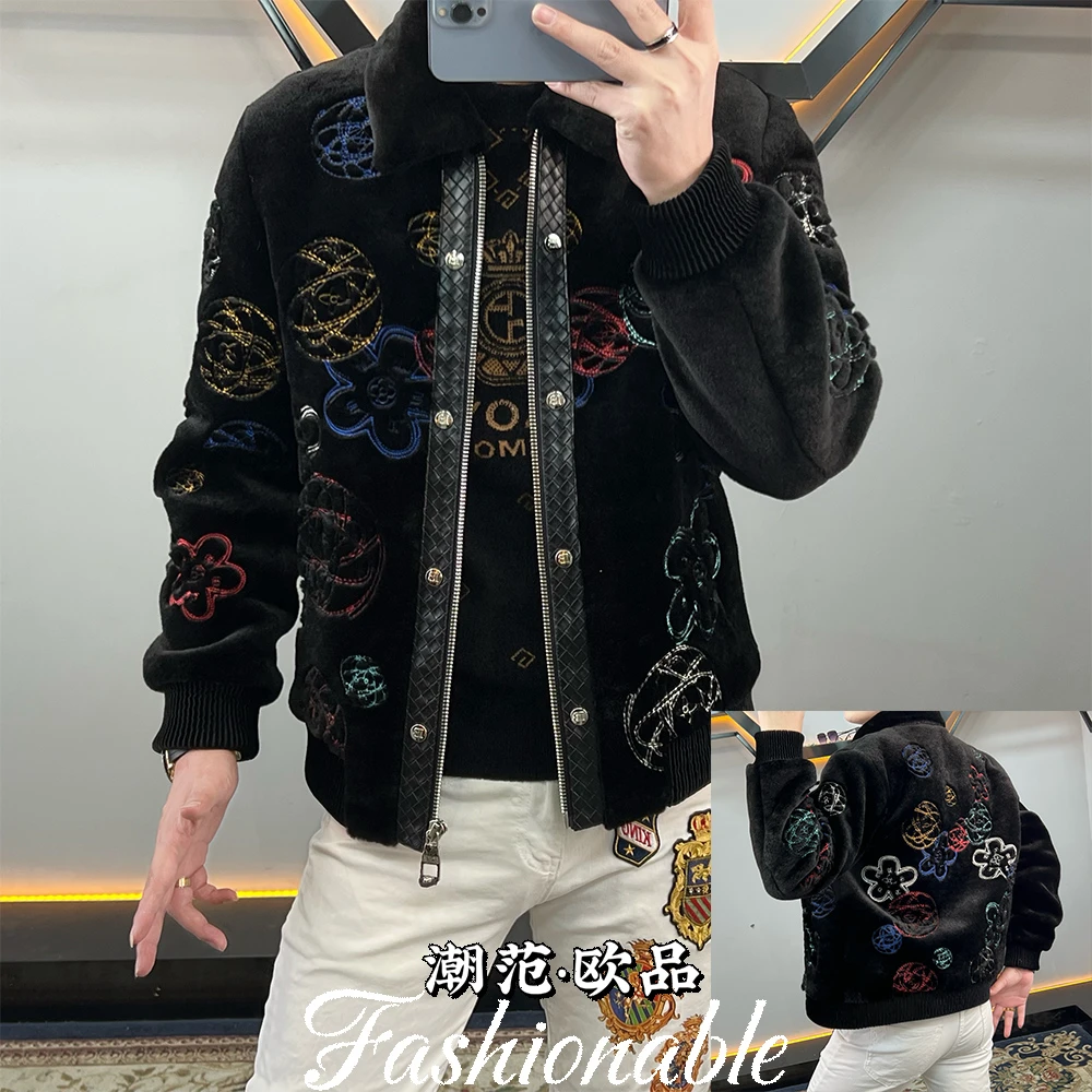 冬季轻奢男士仿貂绒外套翻领刺绣夹克时尚百搭加厚保暖潮流男装