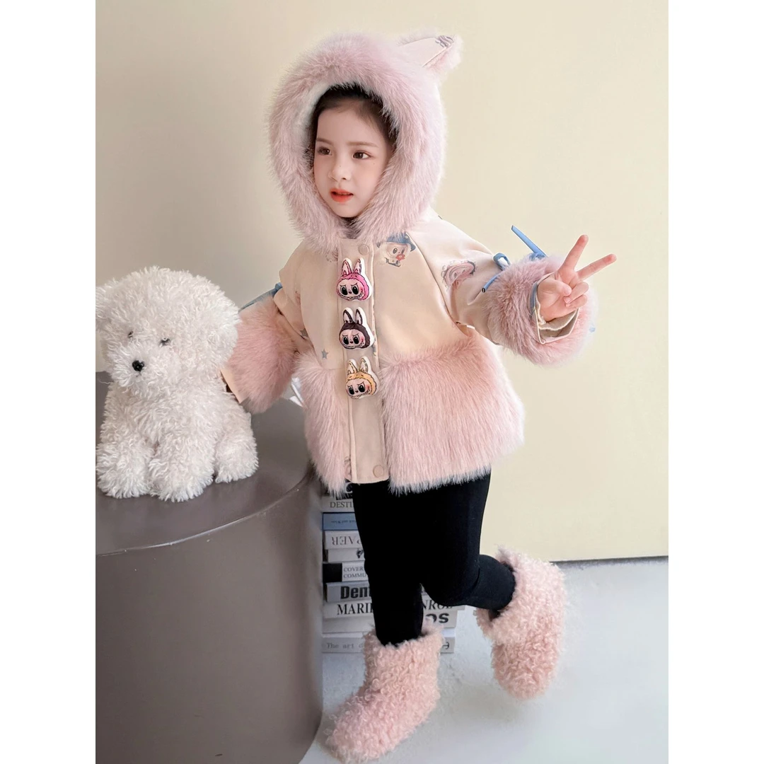 女童加绒外套儿童棉服毛毛衣2025新款洋气可爱宝宝连帽棉衣加厚潮