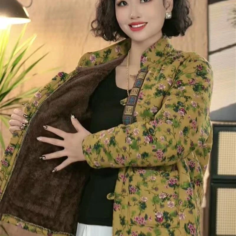 复古碎花棉衣女中老年加绒加厚保暖妈妈装百搭外套