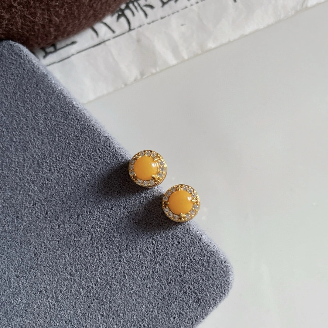 925银耳饰 S925银原创设计黄色天然石耳钉