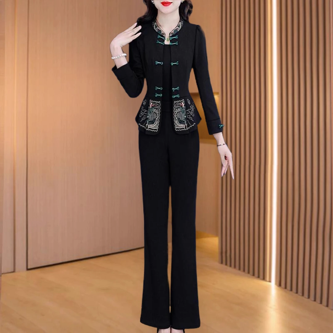 拉夏贝尔春秋穿搭时尚套装2025新款女装春季贵夫人妈妈唐装两件套