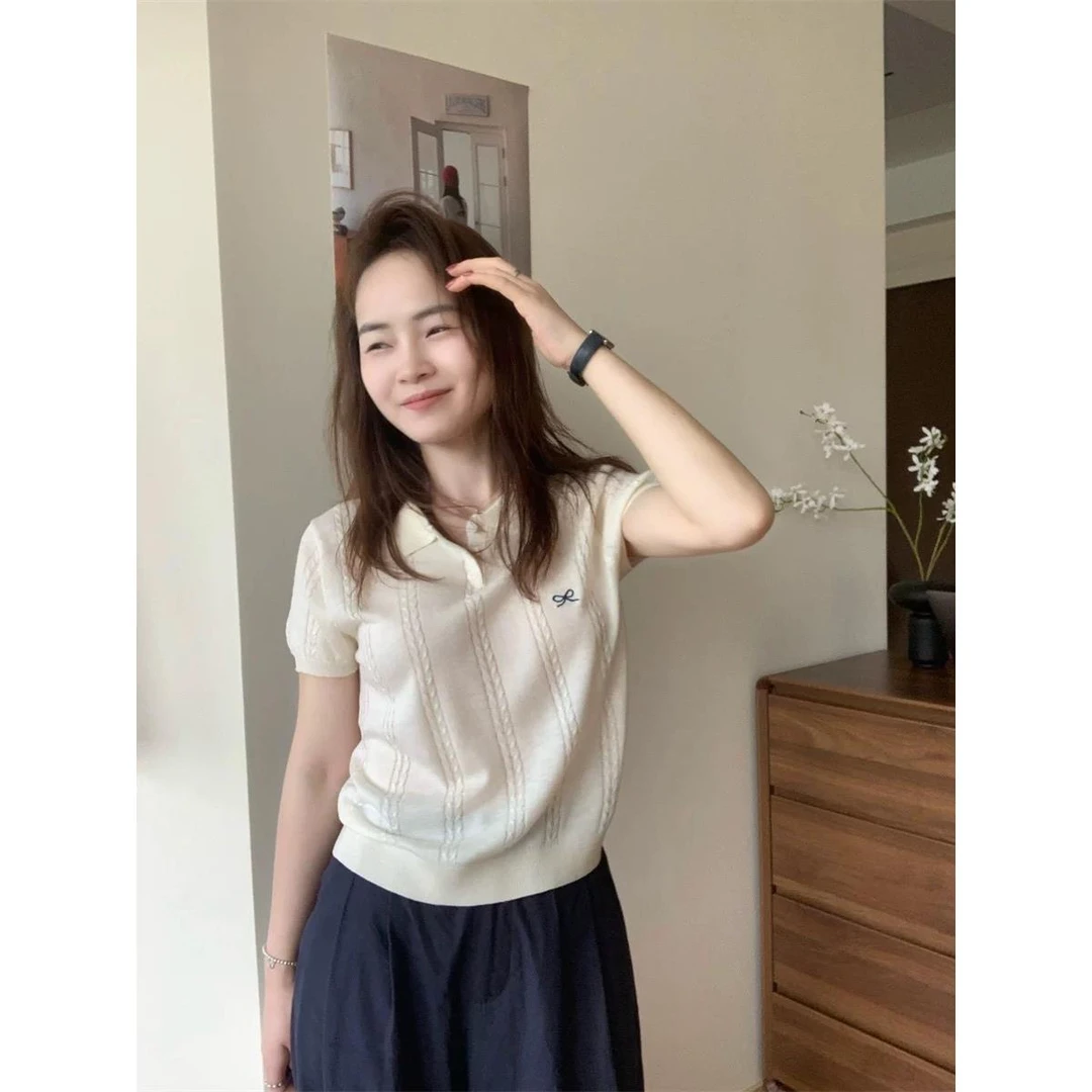 法式蝴蝶结刺绣针织小衫polo领麻花T恤女夏显瘦减龄短袖薄款上衣