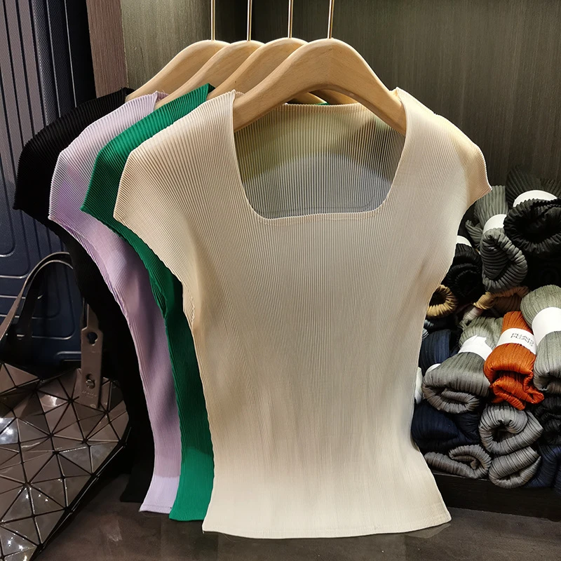 高级感方领减龄上衣女夏季新款气质修身显瘦百搭纯色无袖t恤