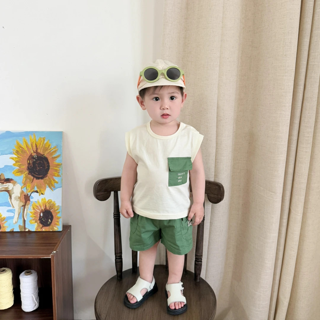 2025夏季新款韩版儿童大口袋字母无袖分体套装小童短袖裤子两件装