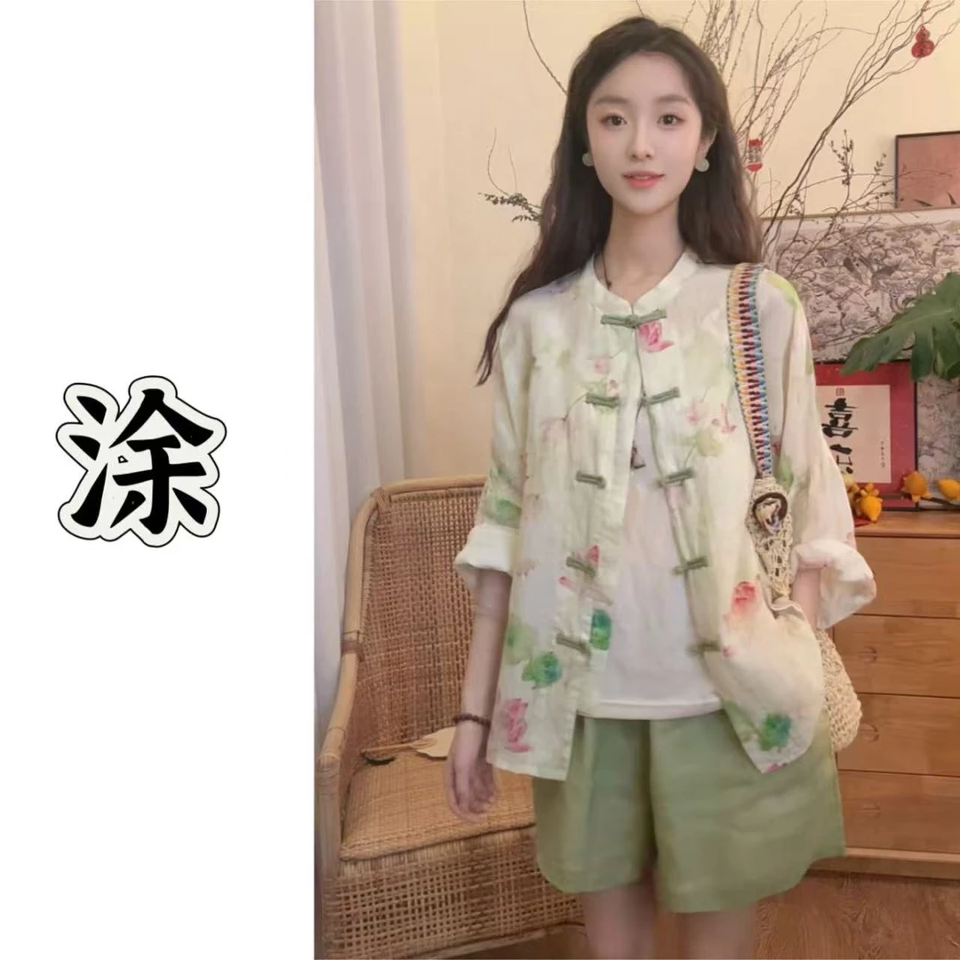 涂涂国风【荷塘月色】原创设计新中式夏季国风禅意苎麻小衫外套