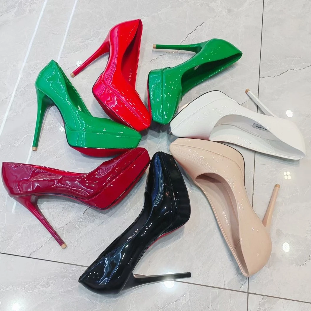 广州正版网红单鞋正版单鞋细跟跟鞋欧美浅口秋冬漆皮百搭时尚尖头