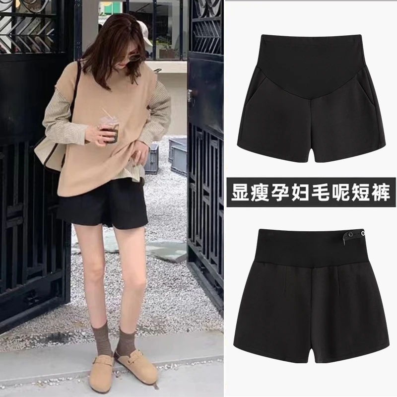 孕妇装秋冬季外穿孕妇短裤休闲百搭简约毛呢阔腿短裤冬季托腹靴裤