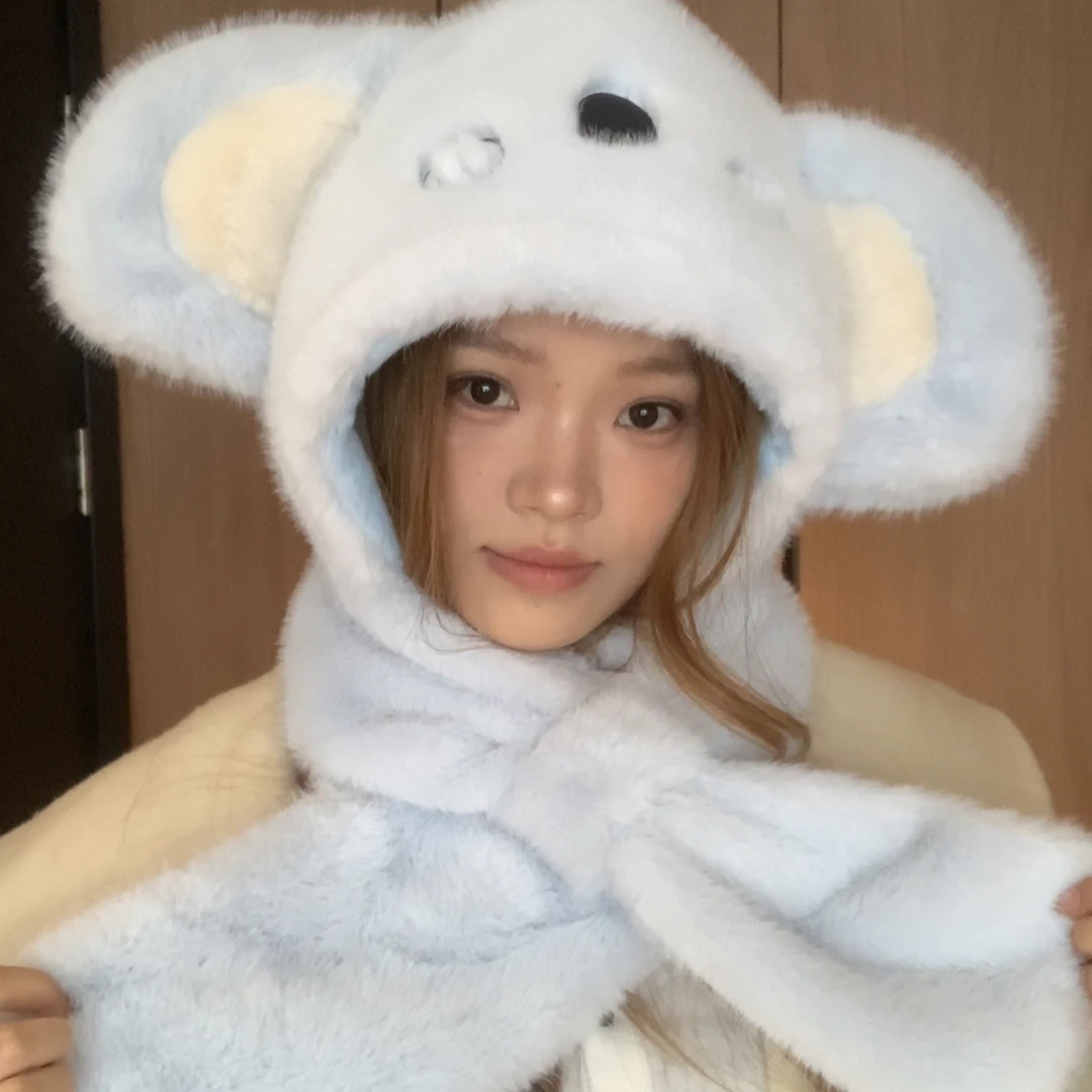 大头围宽松环保皮草帽子围巾一体两件套显脸可爱帽子