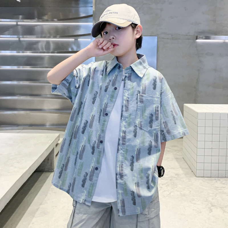 男童夏季酷帅短袖衬衫2025新款夏装中大童衬衣洋气韩版儿童男孩潮