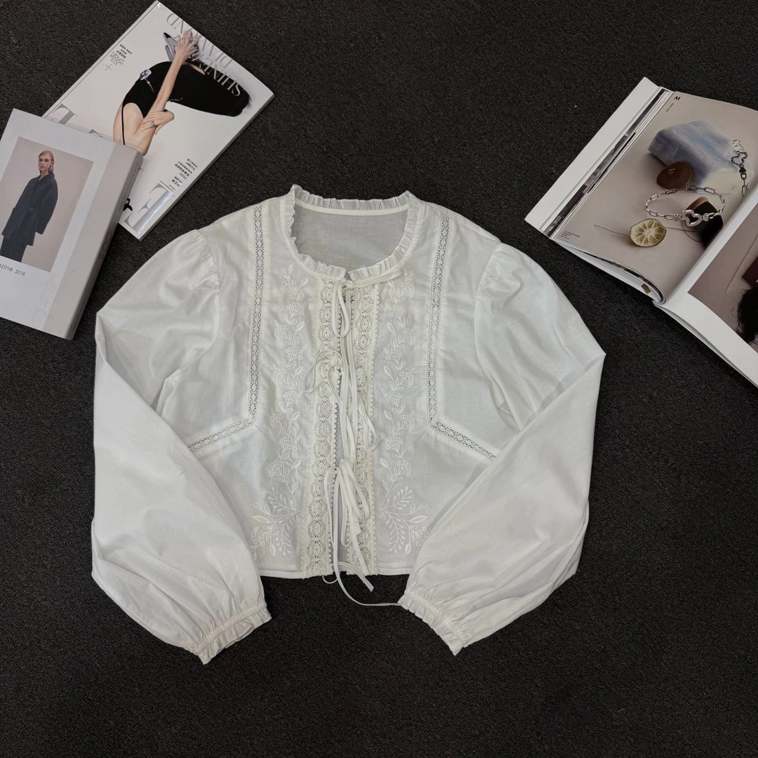 LULU 25年早秋时尚小众花边系带重工刺绣长袖衬衣开衫L007