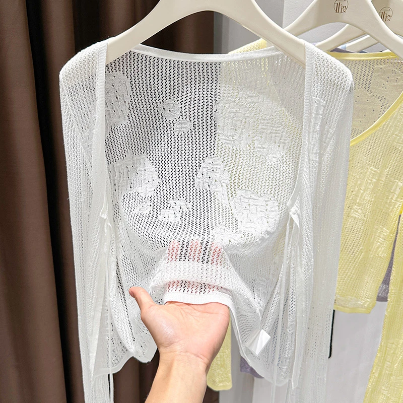 轻薄透视镂空针织开衫2025新款爆款系带圆领短款莱赛尔凉感短外套