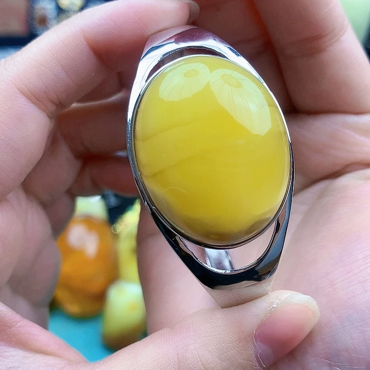 琥珀裸石银S925镶嵌手镯