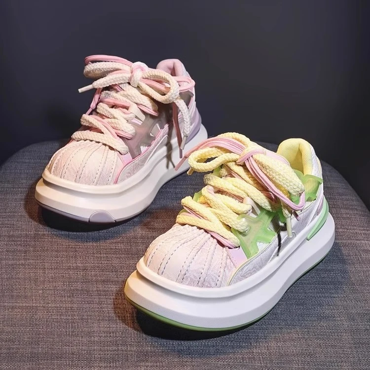 厚底板鞋女2025秋季新款设计小众拼色贝壳鞋网面休闲板鞋小白鞋女