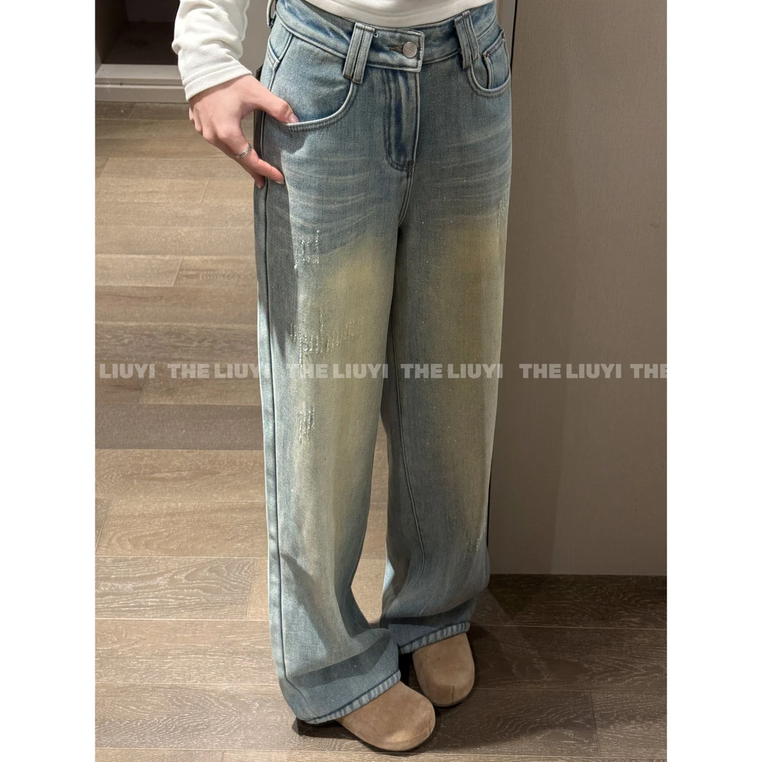 【LIUYI】闪闪牛仔~冬季加绒加厚亮钻水洗复古直筒牛仔裤512073