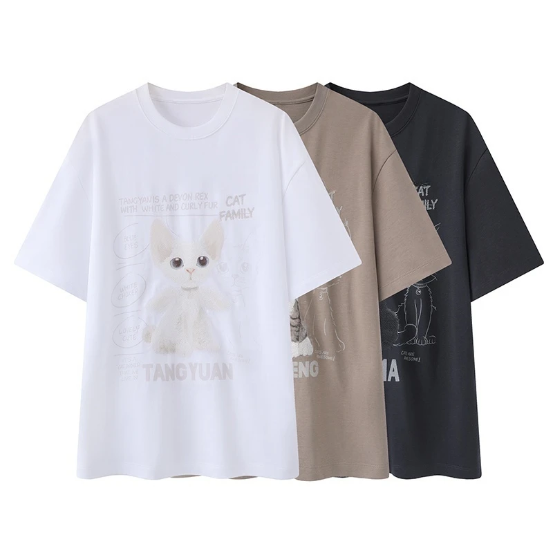 【Q2164】夏季新品短袖T恤卡通猫咪字母印花宽松圆领百搭显瘦上衣女