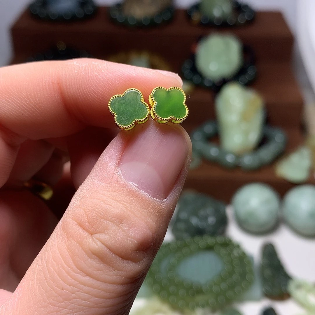 银S925镀金镶嵌和田玉（碧玉）耳饰