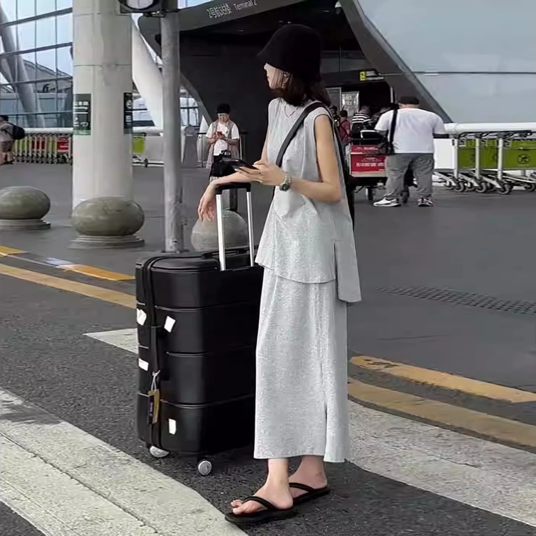 懒人出门简约穿搭宽松无袖背心套装女2025新款百搭直筒半身长裙夏