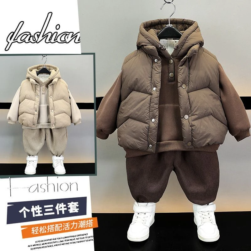 男童冬季套装新款儿童洋气加绒加厚冬装宝宝韩版马甲三件套潮