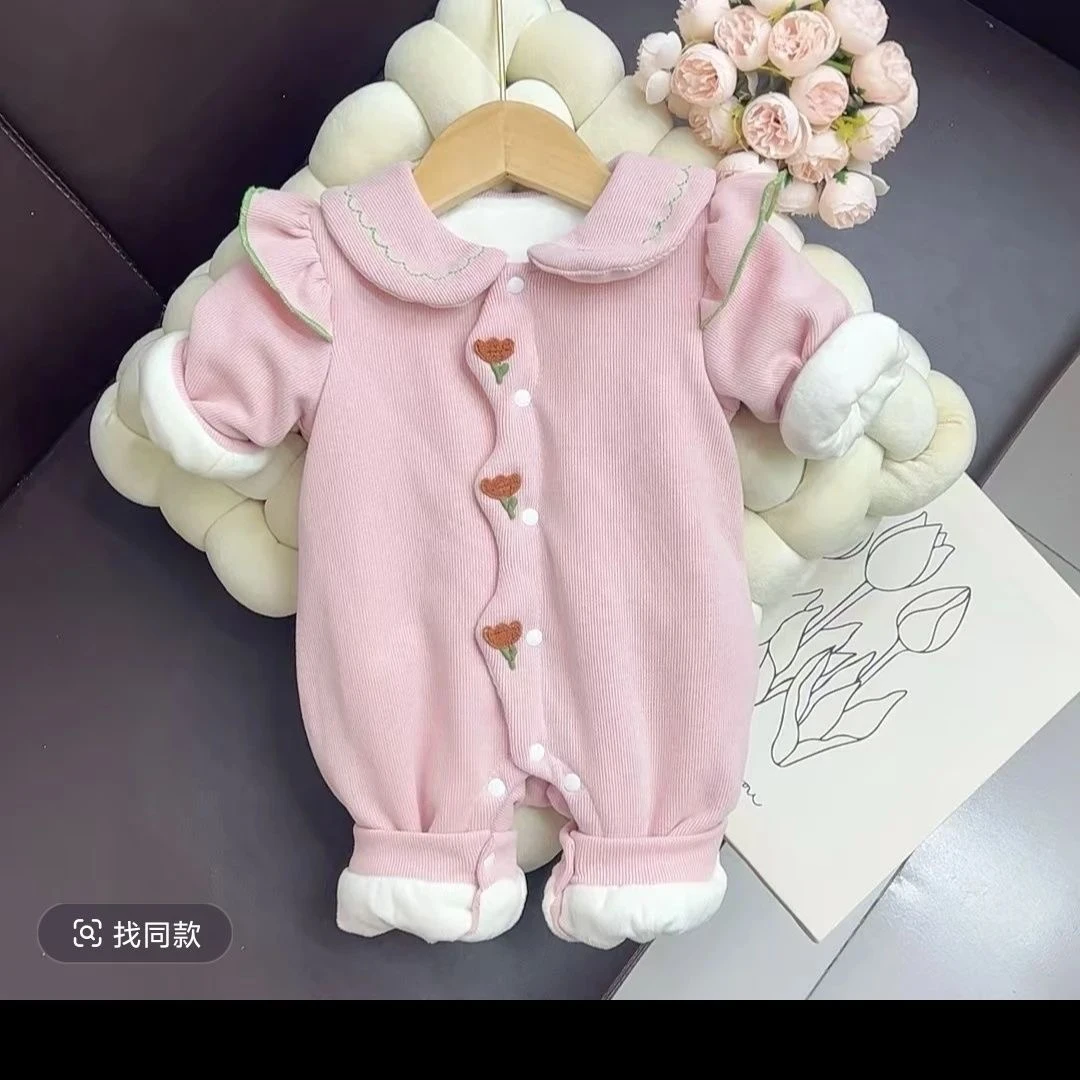 兔耳帽花朵厚棉哈衣百搭洋气时尚可爱宝宝外出款哈衣新生婴儿网红