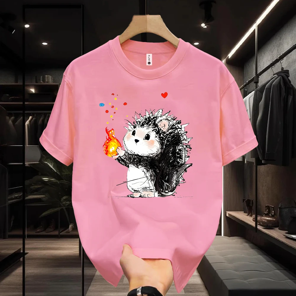 美式痞帅重磅纯棉短袖-火焰小刺猬 青年男女潮牌宽松百搭圆领上衣