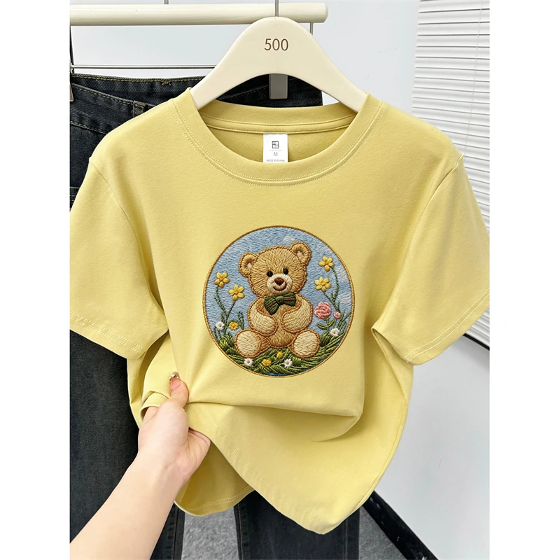 姜黄色小熊印花正肩短袖T恤女夏季胖mm大码遮肚子圆领体恤衫上衣
